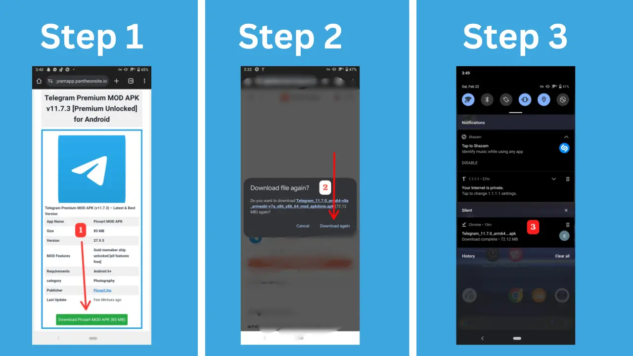 Telegram APK Install Steps 1-3