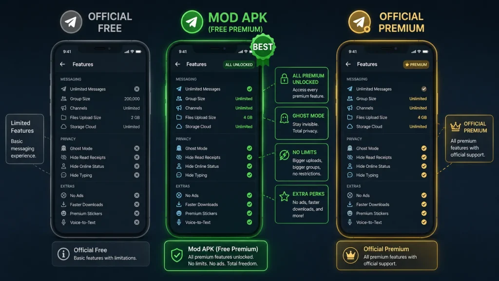 Telegram Mod APK vs Official vs Premium — Full Comparison 2026